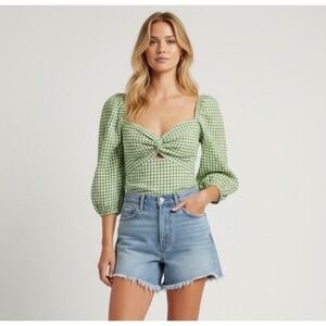MNG Mango Green Gingham Twist Front Puff Sleeve Top Size 4 Cottagecore Summer